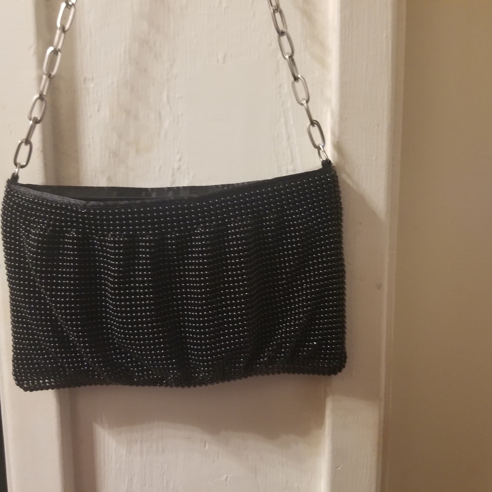 La Belle Black Beaded Clutch with Chain Strap